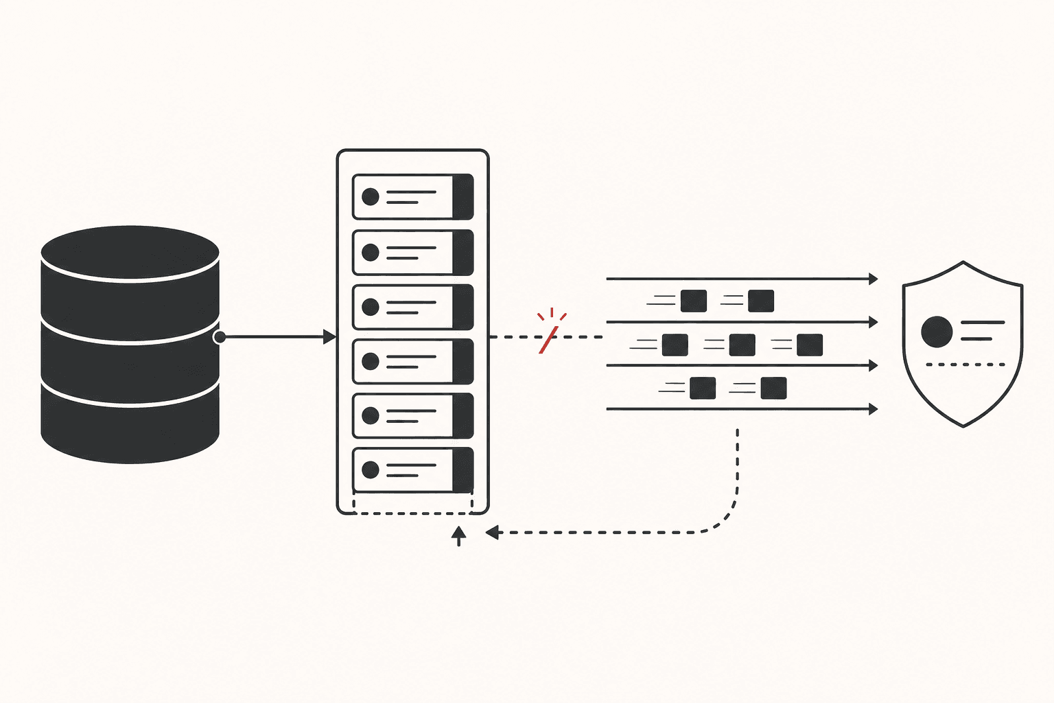 Monochrome Architekturillustration mit Datenbank, Outbox-Protokoll, Event-Stream, Mehrfachzustellung und geschütztem Consumer